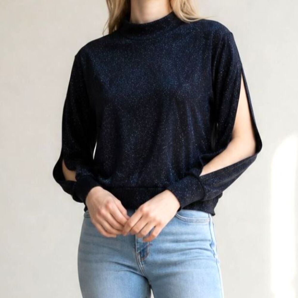 Chaser Navy Glitter Sparkle Mock Neck Cropped Pullover Long Open Sleeve Small